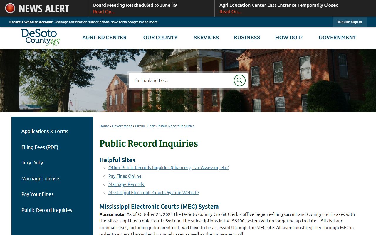 DeSoto County MEC routing for court records after a jail arrest