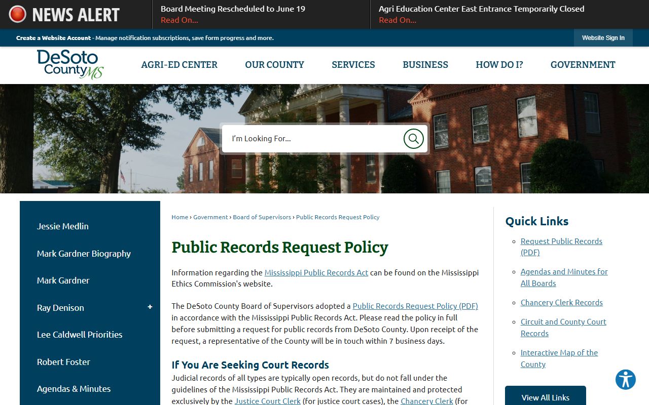 DeSoto County public records policy for court records after arrest