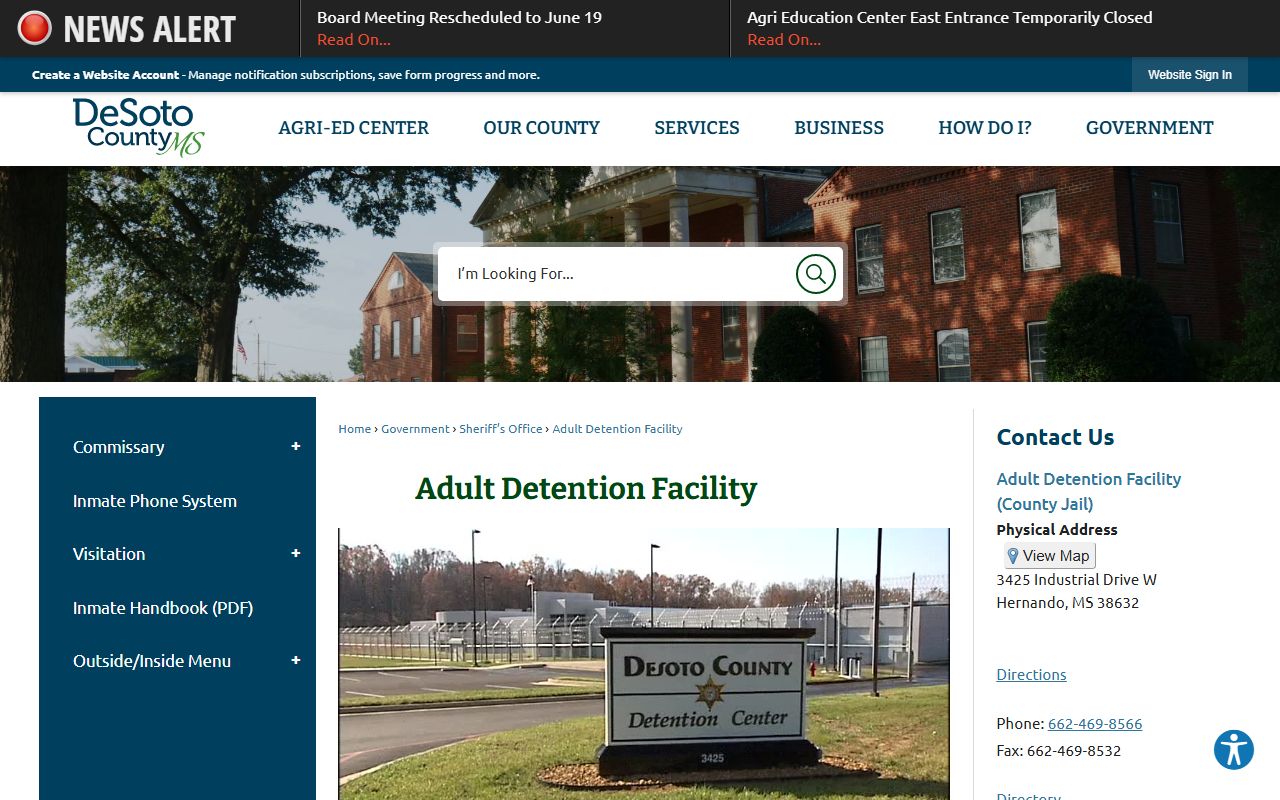 DeSoto County Adult Detention Facility inmate lookup and jail information page