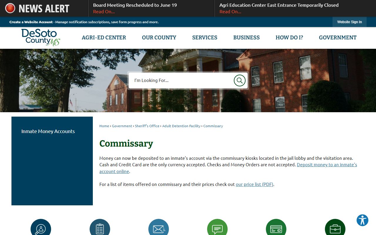 DeSoto County Adult Detention Facility commissary and inmate money deposits