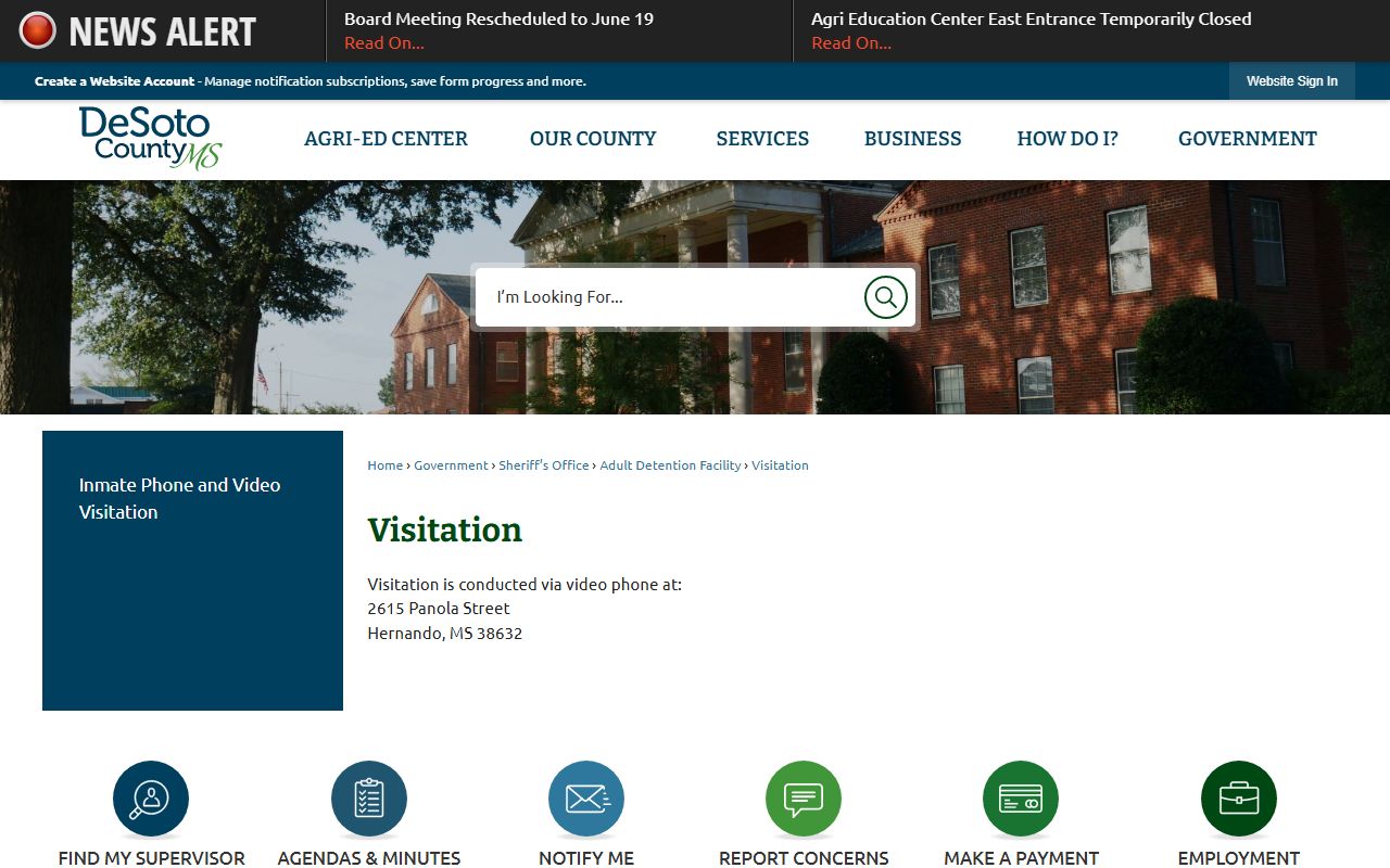 DeSoto County Adult Detention Facility visitation rules and video visits